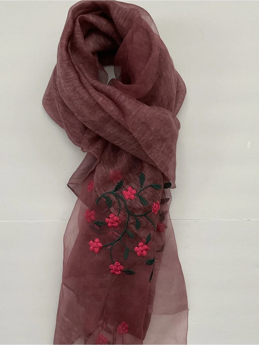 Sheer Floral Embroidered Scarf Silk Wool Blend